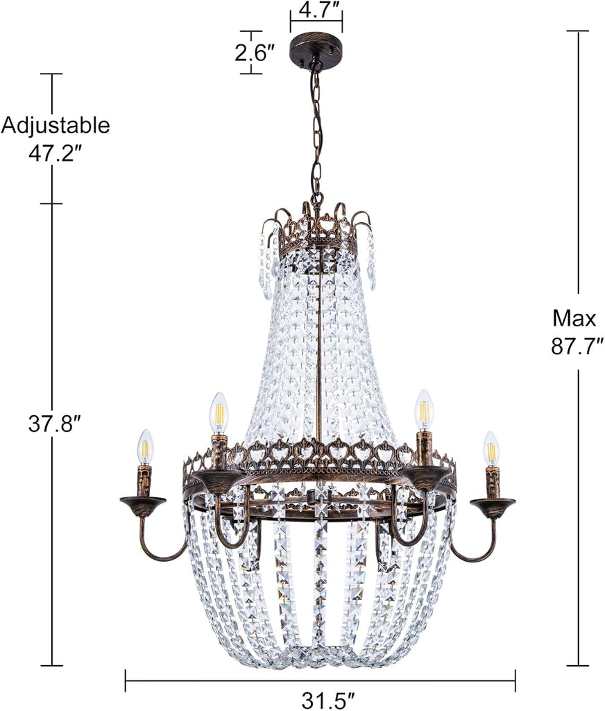 French Empire Crystal Chandelier, 6-Light Farmhouse Antique Bronze Chandelier, Hanging Ceiling Mount Light Fixture for Dining Living Room, Bedroom, Bathroom, Kitchen Island, Hallway, 31.5" W A108-B0CCZZCCYL