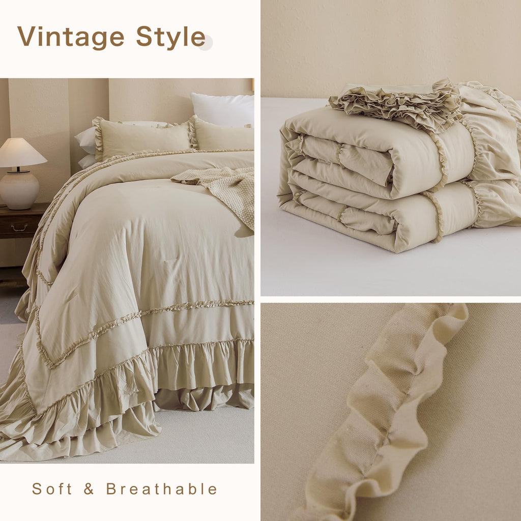 Wheat Oversized King Comforter Set 120x120, Farmhouse Ruffled Bedding Comforter French Country Shabby Vintage Bed