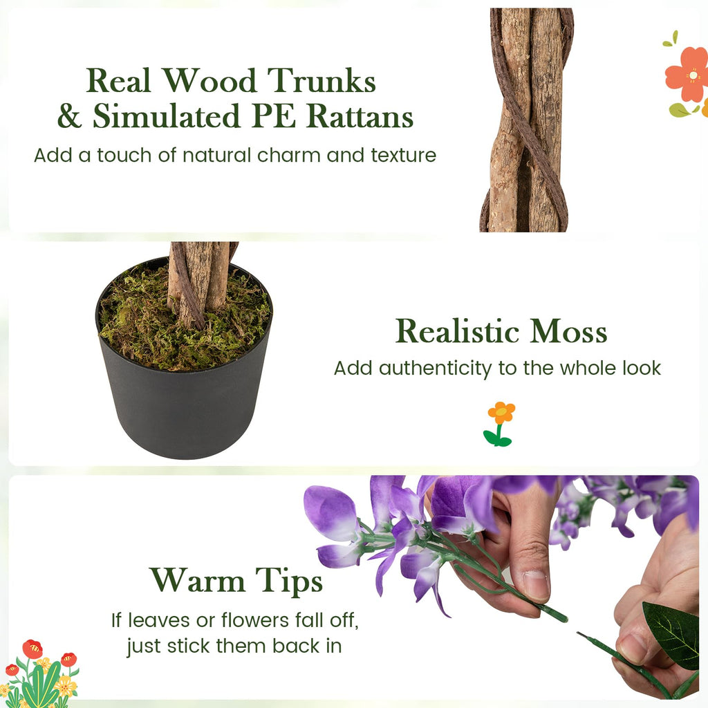 5.5FT Ficus Artificial Tree, 2 Pack Faux Wisteria Tree Pot with Blooming Flowers, Fake Potted Tree Greenery Floor