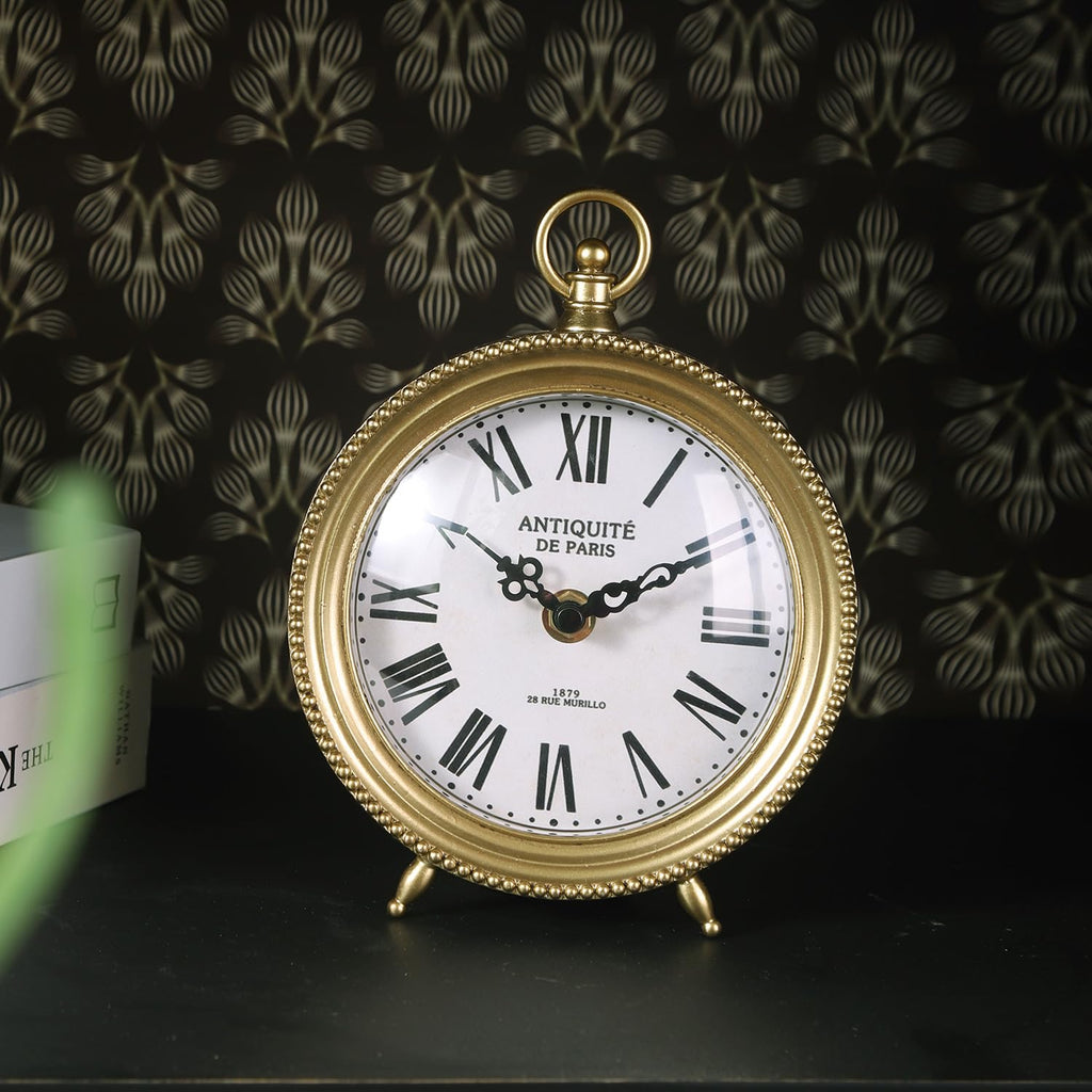 Gold Table Clock, Silent Non-Ticking Shelf Desk Top Clock Battery Operated Classic Design, Decorative Home Decor