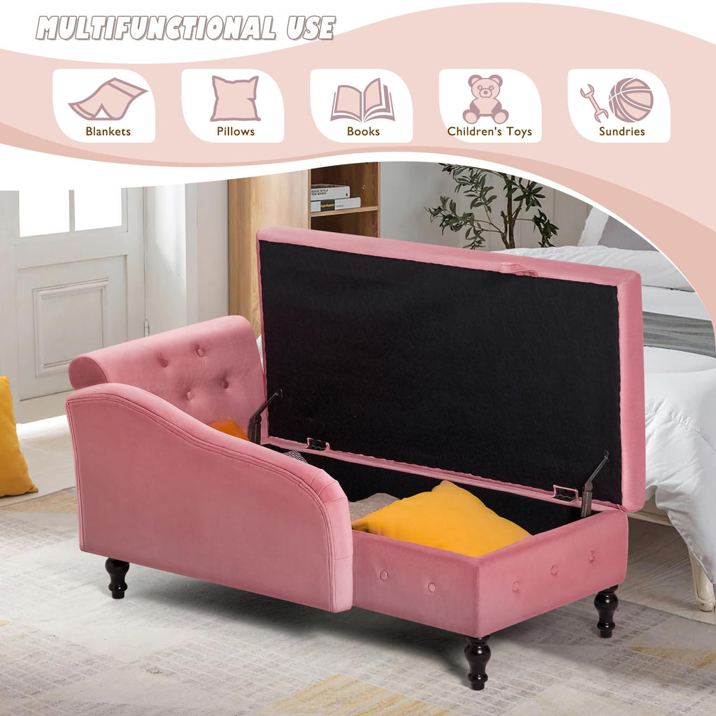 Velvet Chaise Lounge w/Right Armrest & Storage Space, Pink