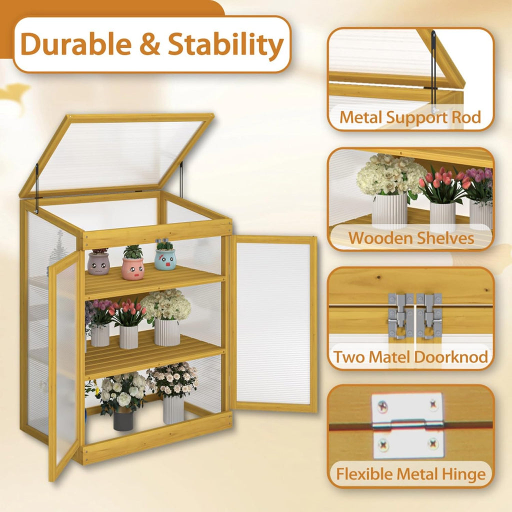 Wooden Cold Frame Greenhouse for Outdoor, Mini Polycarbonate Garden Greenhouse Cabinet with Adjustable Shelves