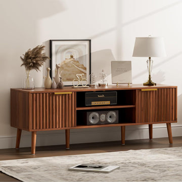 TV Stand with Fluted Doors for TVs up to 65", Mid-Century, Walnut | 54.3"W 15.3"D 19.6"H, 150 lbs capacity, 2 fluted