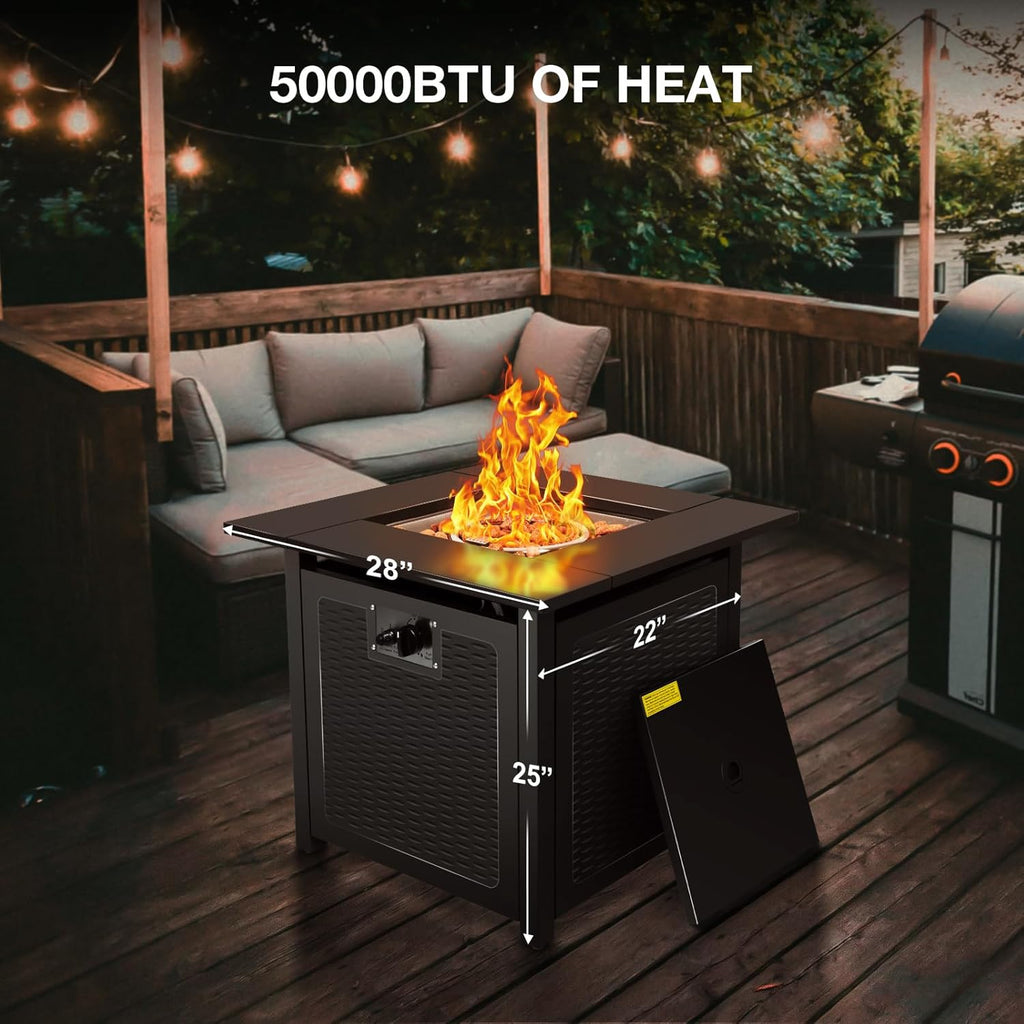 28 inch Fire Pit Table, 50000 BTU Patio Heater, 2 in 1 Outdoor Gas Fire Pit with Removable Lid & Lava Stone