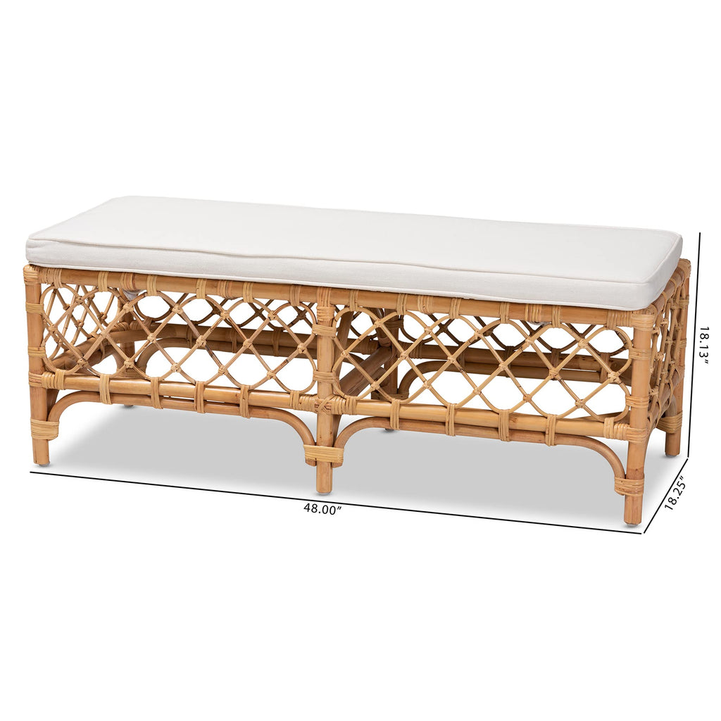 Orchard Natural Rattan Bench with White Cushion - 48" Boho Wicker Ottoman, Handwoven Cane Entryway Seat, or Hallway
