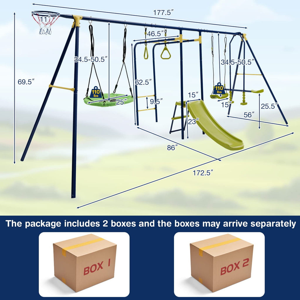 7-in-1 Swing Sets for Backyard, 660lbs Metal Playground Set w/Slide