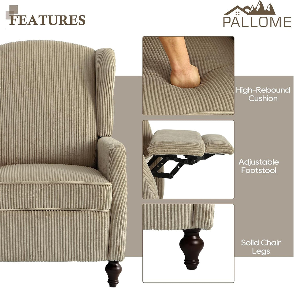 Upholstered Wingback Recliner Chair, Cozy Corduroy Manual Push Back Recliner (1, Khaki)