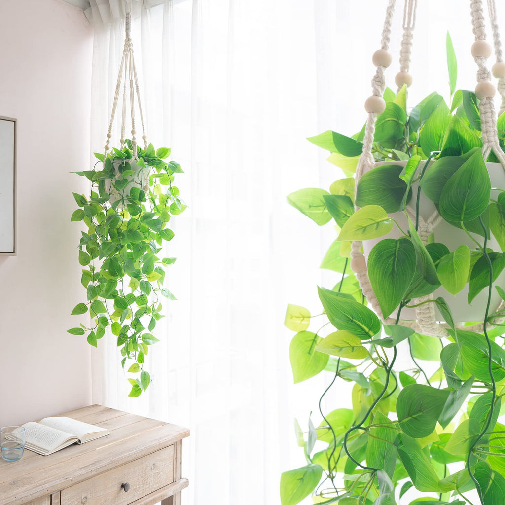 Fake Hanging Plant, Macrame Hanger with Pothos Vines & Pot, Ivory