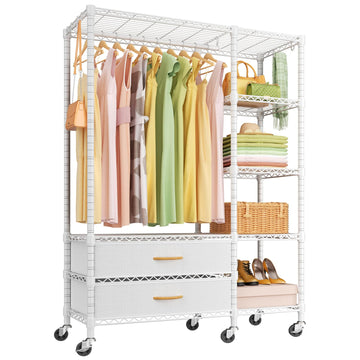 F3R Heavy Duty Clothes Rack(With Lockable Wheels)Freestanding Clothing Racks for Hanging Clothes, Adjustable Closet