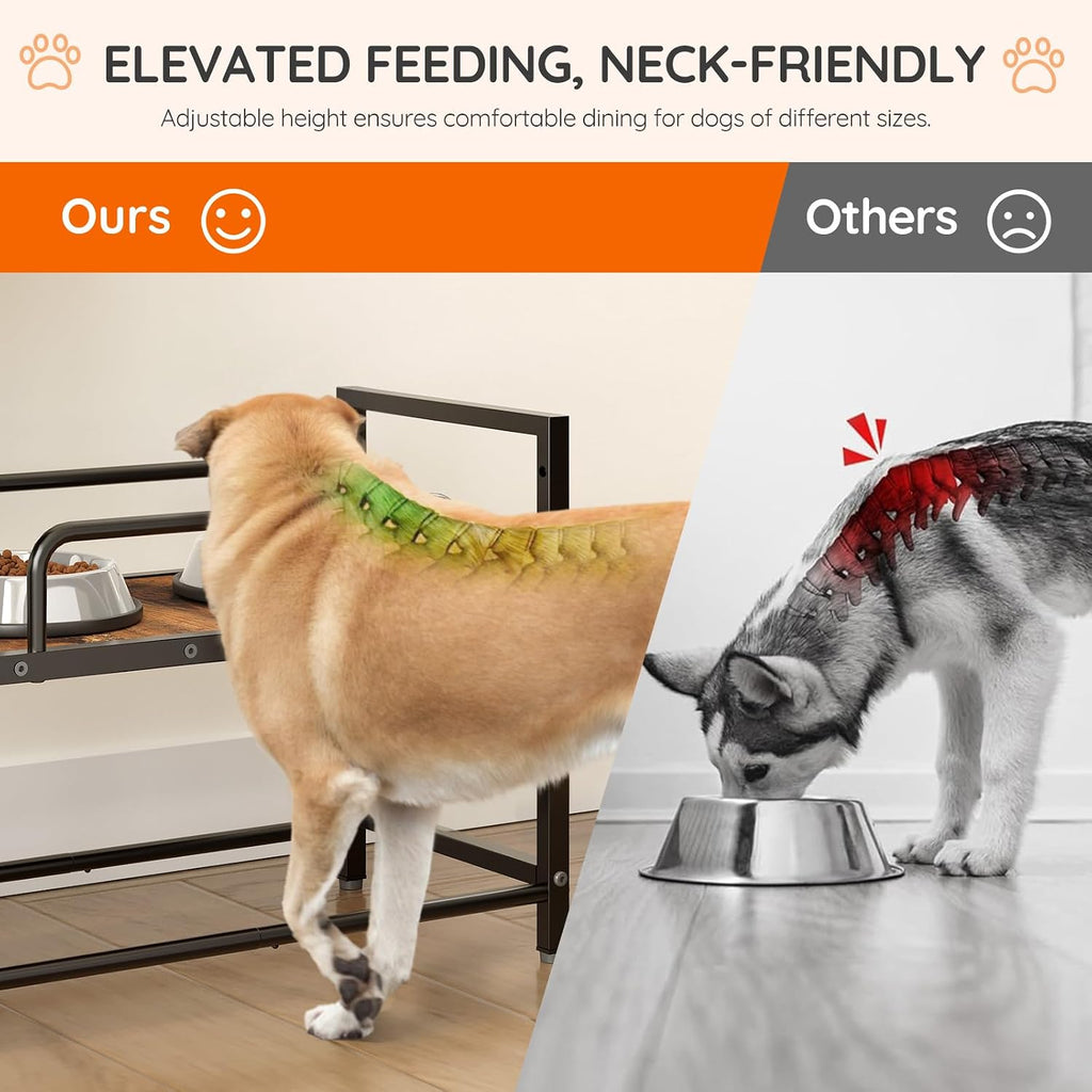 Dog Feeding Station with Drawer, 2 Elevated Bowl Stands & Large Dog Food Storage for 2 Dogs, Height Adjustable Pet