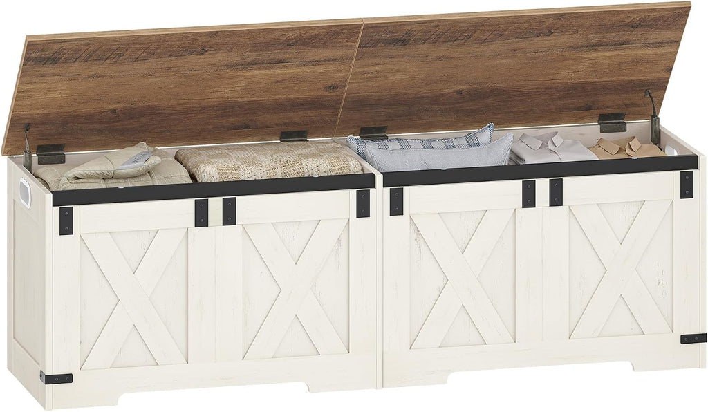 59" Storage Bench, Lift Top, 268L/70 Gal Large Chest | | Retro White, Farmhouse, FSC Wood, 330lb, Double Hinges