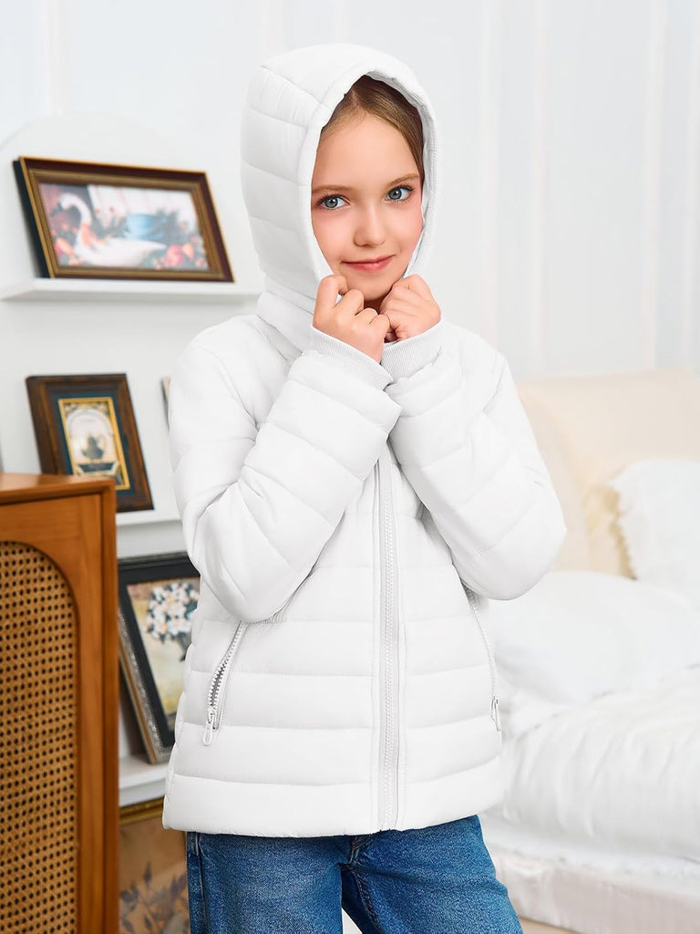 Girls Hooded Puffer Jacket Kids Winter Quilted Down Coats with Zipper Pockets