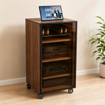 4-Tier Walnut Media Cabinet with Glass Door & Adjustable Shelves