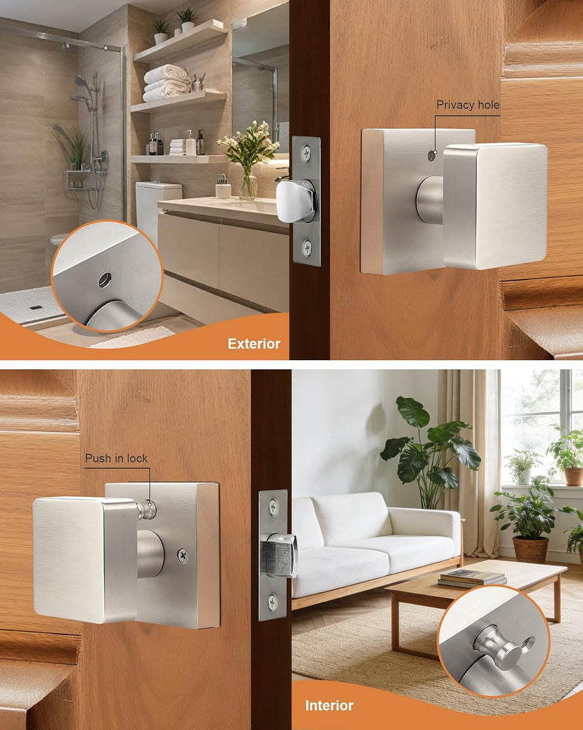 6 Pack Brushed Nickel Square Door Knobs, Modern Heavy Duty Design Door Handle Bathroom, Keyless Privacy Interior Door