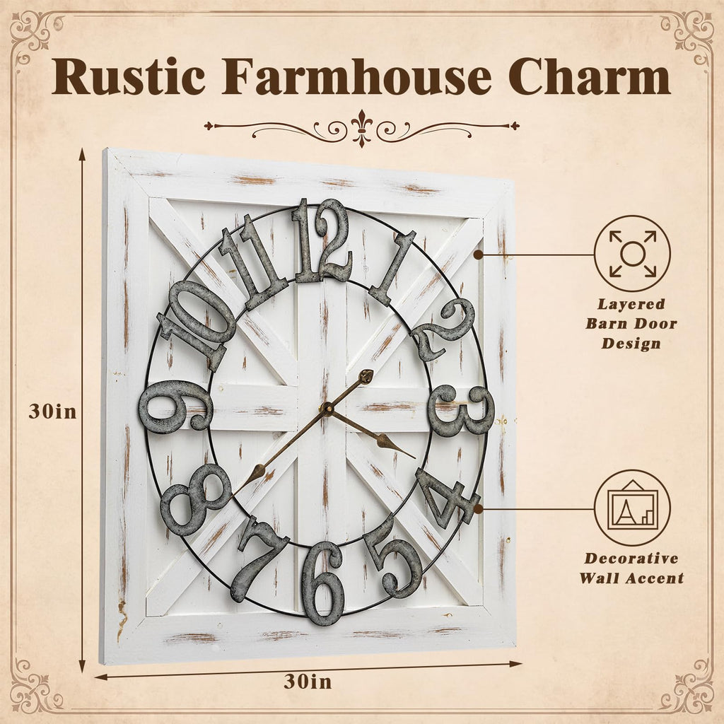30 Inch Square Farmhouse Wall Clock, Silent Non Ticking Rustic Wooden Clock with Galvanized Numbers, White Vintage