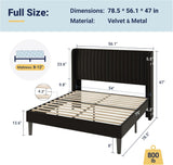 Full Velvet Bed Frame/Vertical Channel Tufted Wingback Headboard/Upholstered Platform Bed/Strong Wooden Slats/No Box