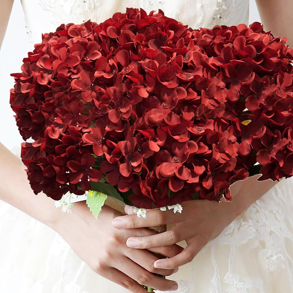8pcs Red Hydrangea Artificial Flowers 27.58" Large Realistic Single Long Stem Faux Silk Hydrangeas Bouquets Flower