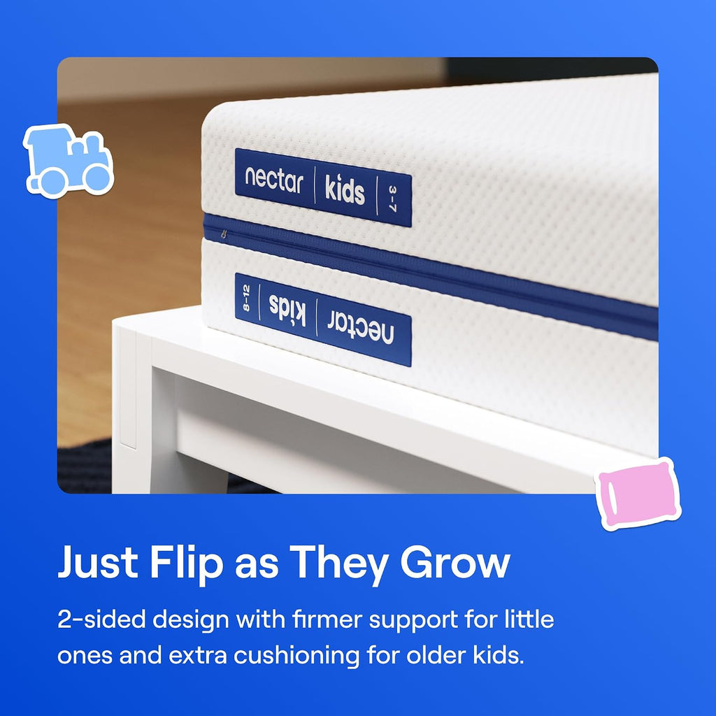 Kids 8" Full Memory Foam Mattress, 2-Side Design, Ages 3-12+ | Pressure Relieving Memory Foam, Fiberglass Free