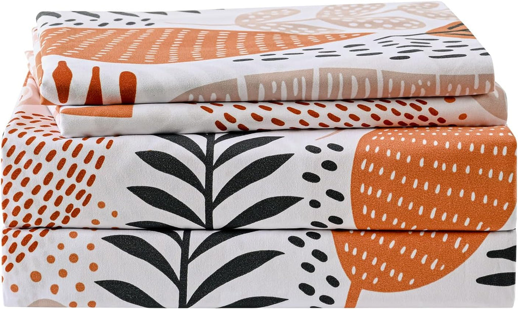Boho Leaves Printed Sheet Set Queen, Botanical Pattern Bed Sheets Microfiber Bedding Sheets & Pillowcases Soft 15"