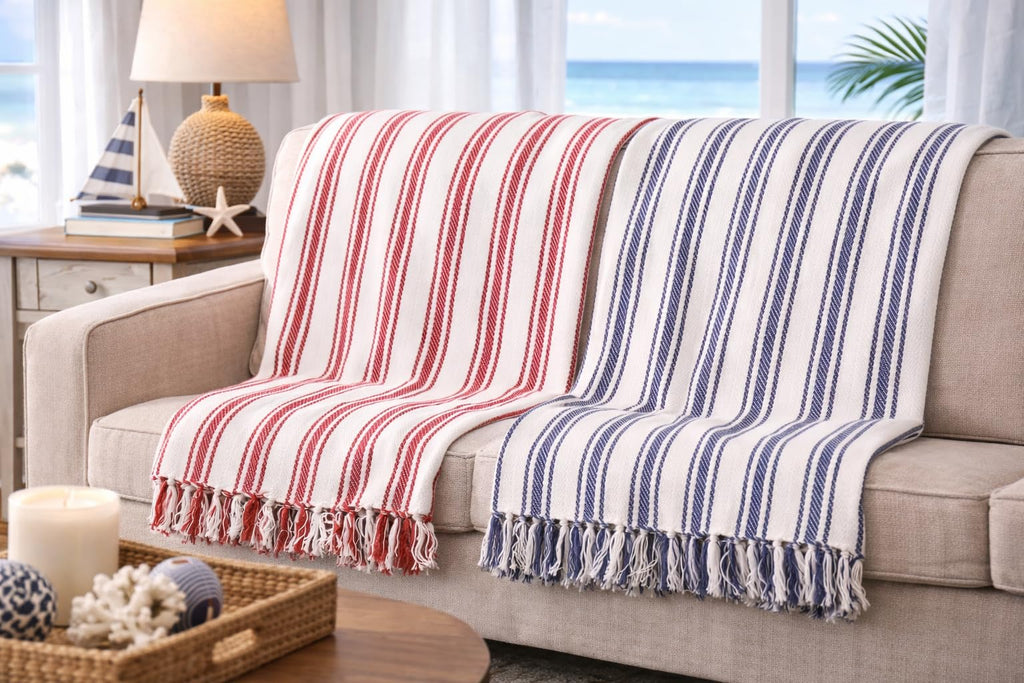 Ticking Stripe Red & White Cotton Throw Blanket 50" x 60"