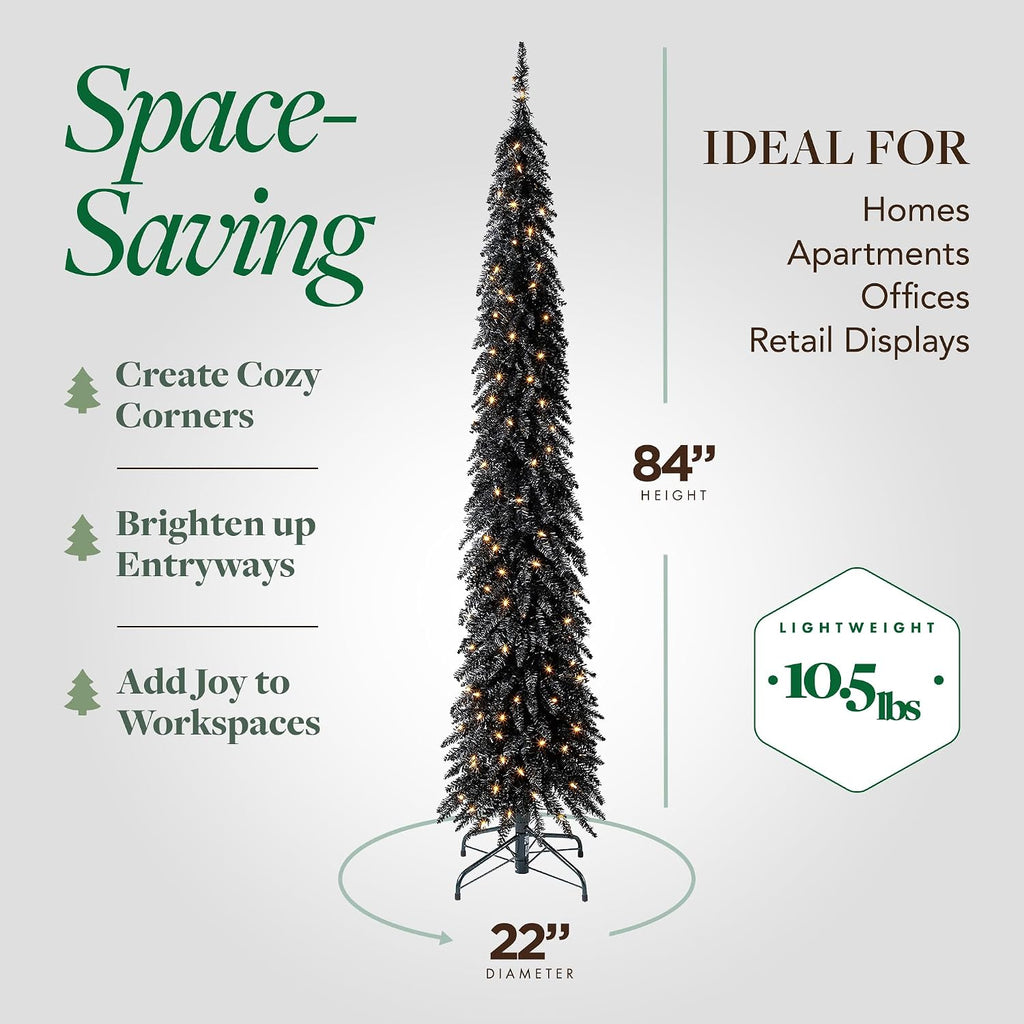 Pre-Lit Slim Black Tinsel Christmas Tree, 150 Lights