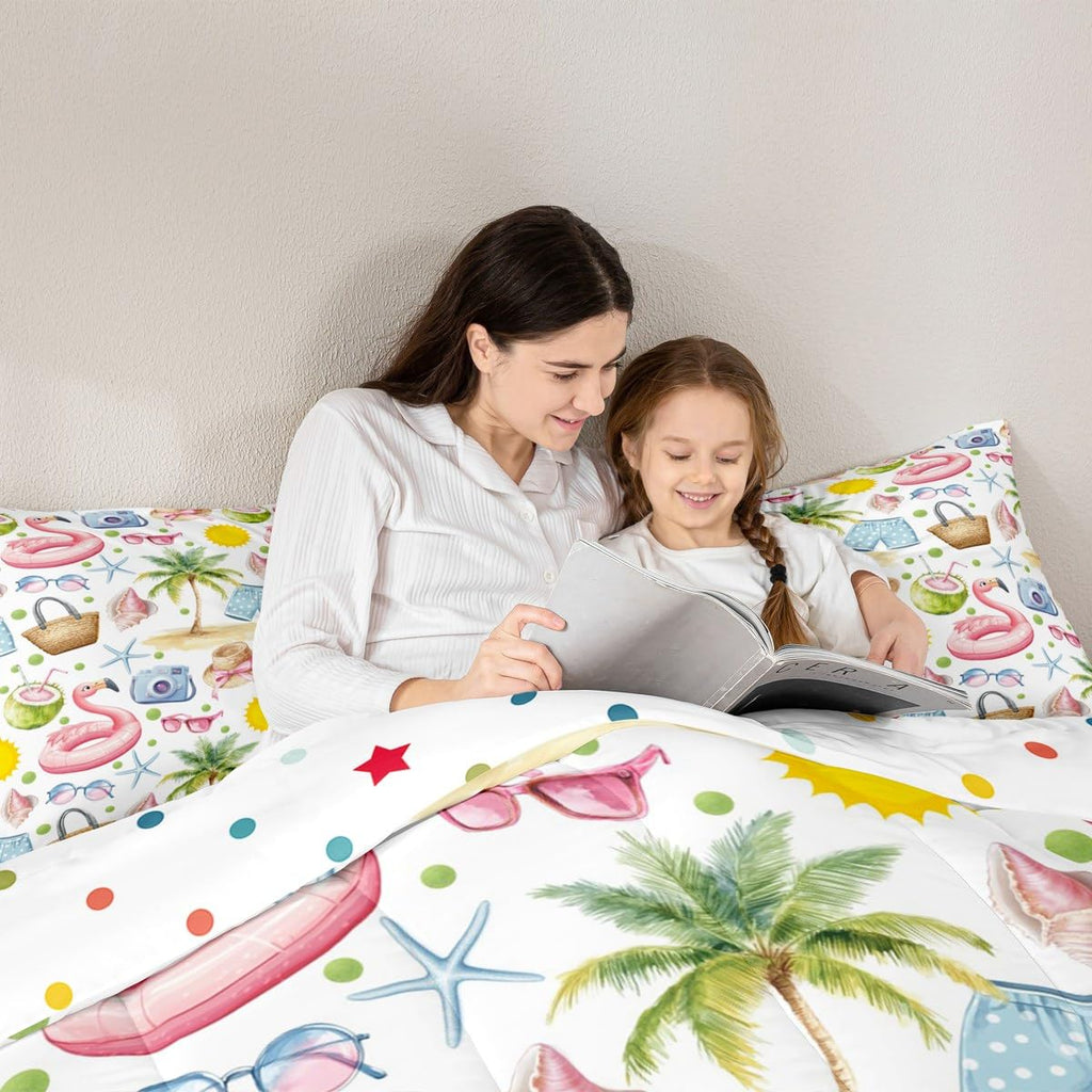 Hawaii Tropical Comforter Set, Summer Beach Palm Tree Coconut Starfish Coastal Bedding Set 3 Pcs for