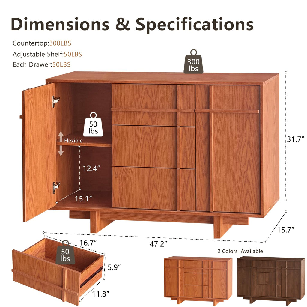 47.2" Buffet Cabinet with Storage, Skeleton Line Design, Cherry