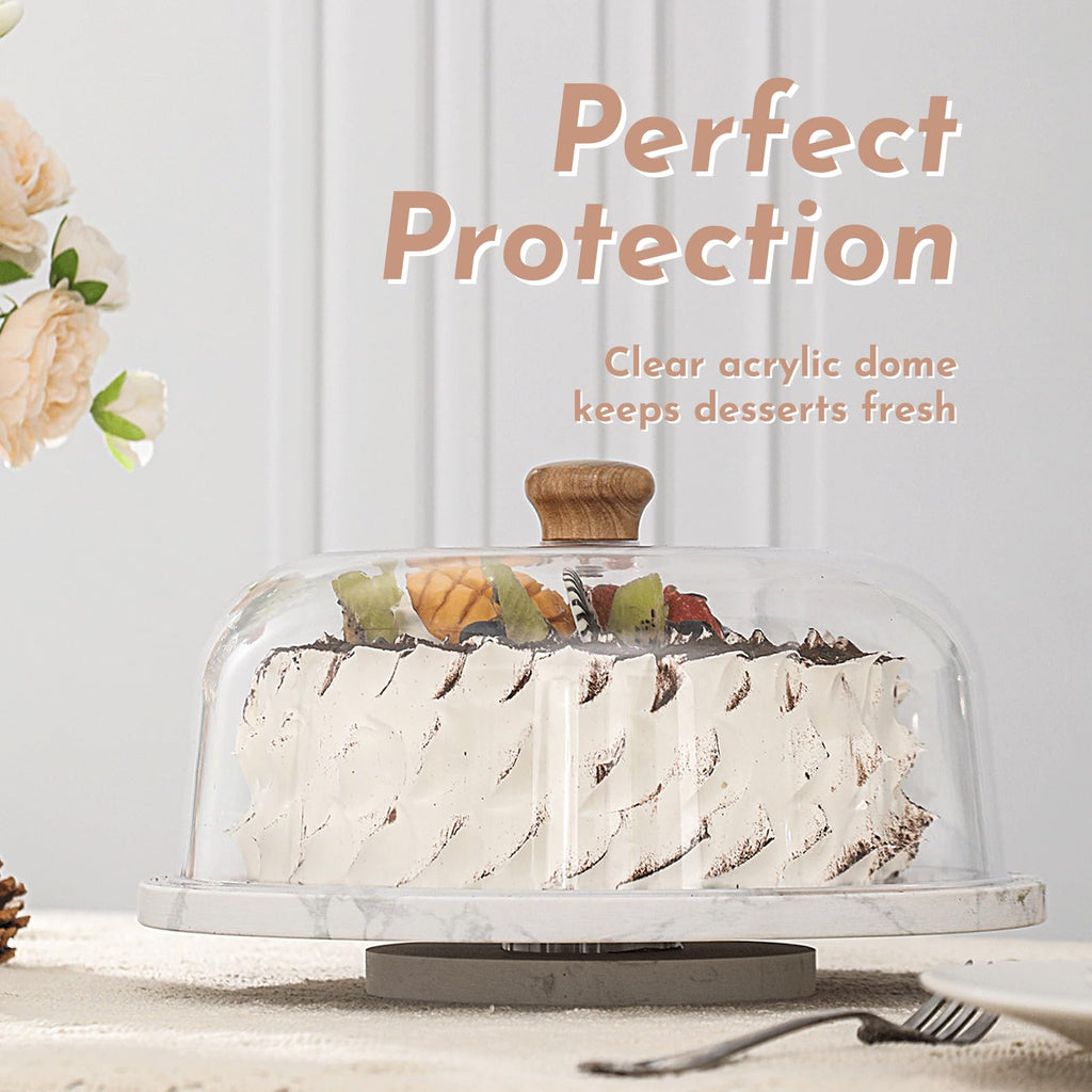 Marble Cake Stand with Acrylic Dome Lid, Cake Holder 360° Rotating, Cake Plate Board for Party, Wedding, Cake Display