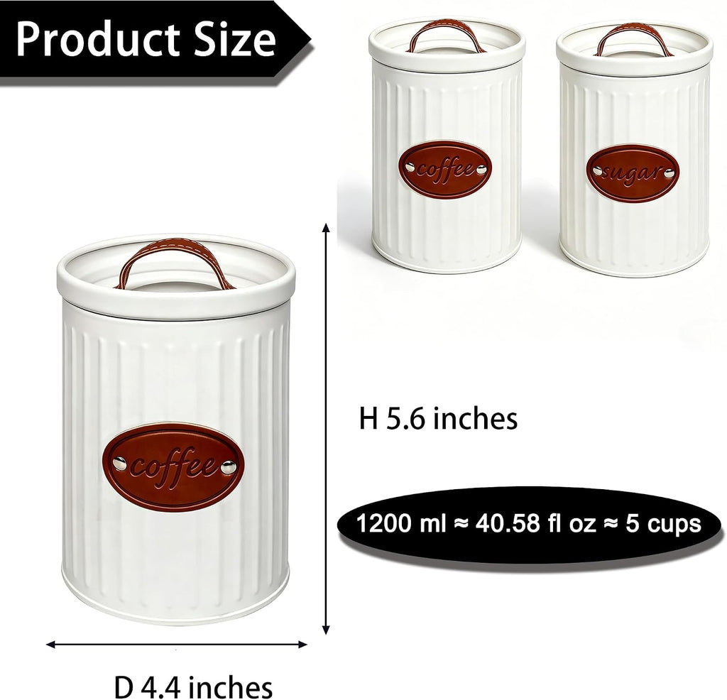 Metal Food Canister Set, 37oz, White, Airtight, for Coffee, Sugar, Beans, Pods, Rustic Farmhouse Kitchen - Set of 2