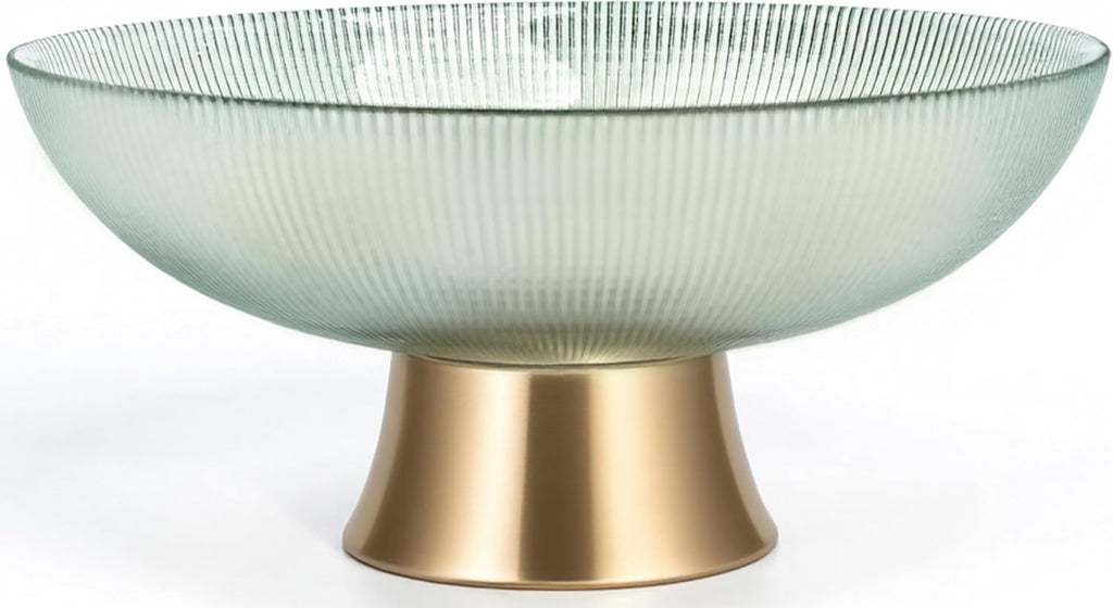 Round Glass Decorative Bowl (Green), 9.8 Inches Handblown Striped Design Glass Bowl with Rust Resistant Metal