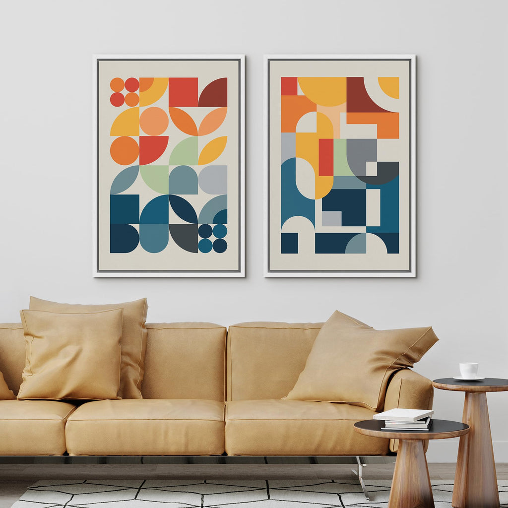 Framed Canvas Print Wall Art Set Mid-Century Modern Red & Blue Geometric Color Blocks Abstract Shapes Illustrations