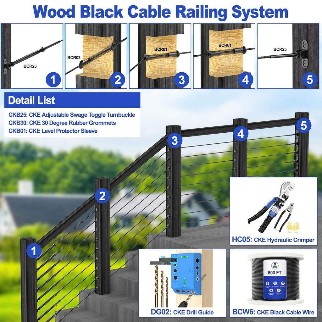 20 Pairs 1/8" Black Cable Railing Hardware Kit Swage Toggle Turnbuckle for Wood Post, T316 Stainless Steel Black Deck