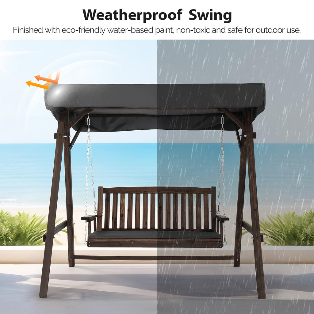 4FT Heavy Duty Wooden Porch Swing with Stand and Canopy, Rustic