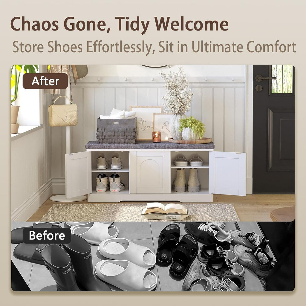 Shoe Storage Bench with Cushion, Door, White 39.4" LX17.7 H | Entryway Bench, 2-Tier Cabinet Bench, Widened Cubby