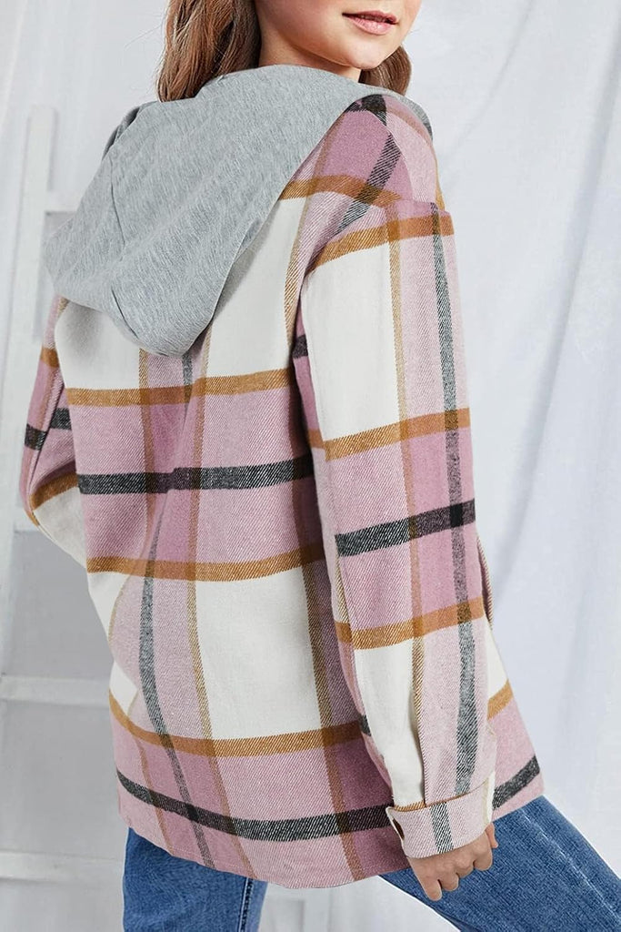 Girls Flannel Plaid Button Down Top with Pockets Long Sleeve Hooded Jackets Length Below Hip Circumference