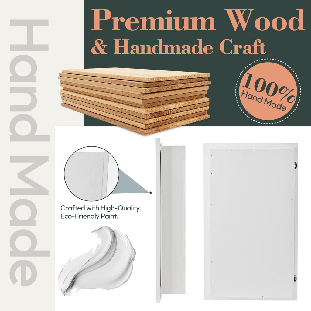 Concealed Medicine Cabinet 14×24 Recessed, Picture Frame Medicine Cabinet, Farmhouse White Wood Frame, 3 Shelves