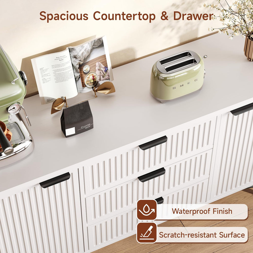 Fluted Buffet Cabinet with Door Shelves & 3 Storage Drawers, White