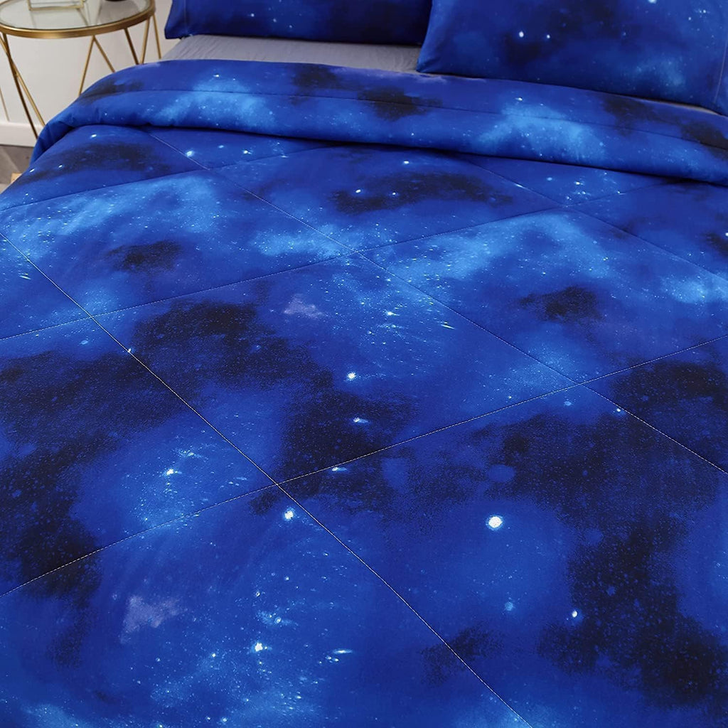 Blue Galaxy Comforter Set Full 3 Pieces, Soft Microfiber Lightweight Blue Space Comforter Full, Galaxy Bedding for