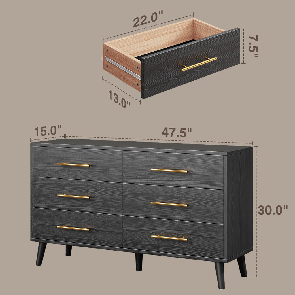 6 Drawer Dresser, Wood Chest with Metal Handles, Black