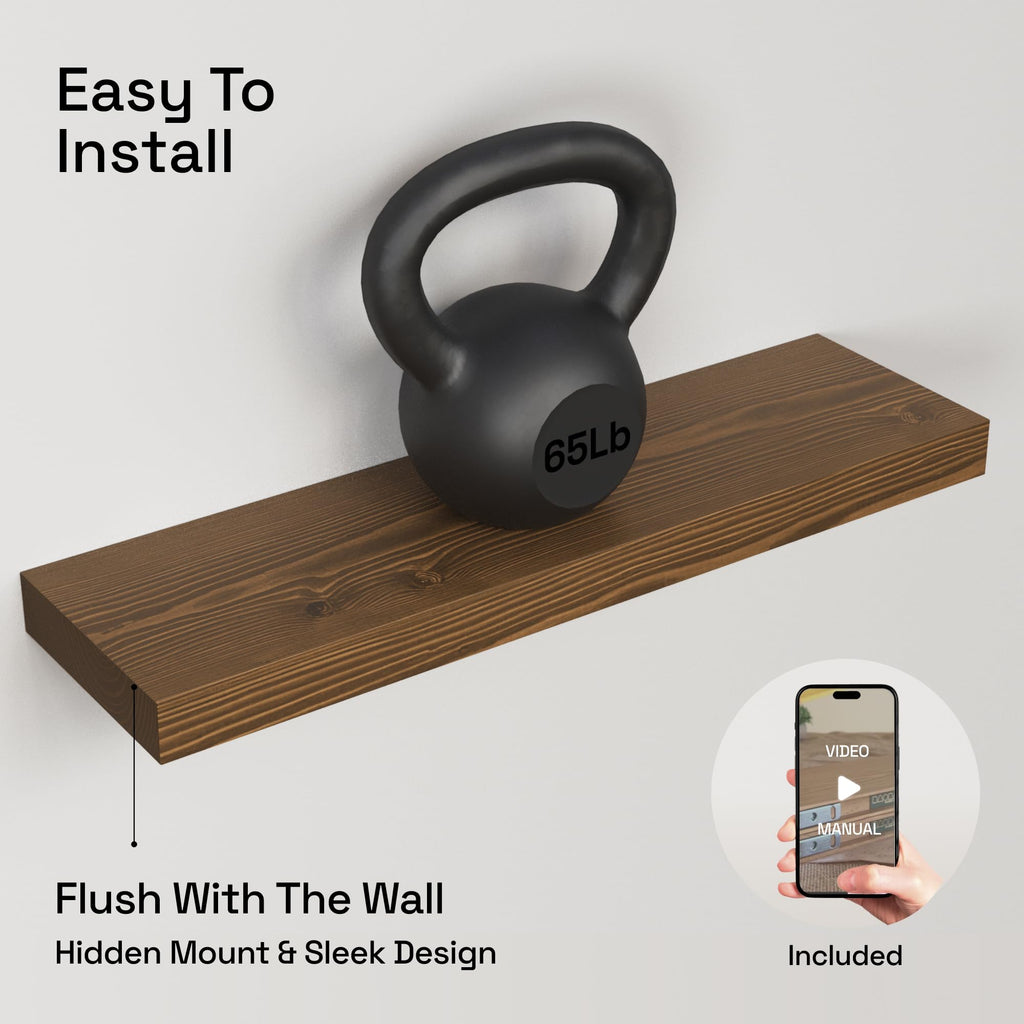 Solid Wood Floating Shelves for Wall 24 Inch Walnut, Wooden Bathroom Shelf