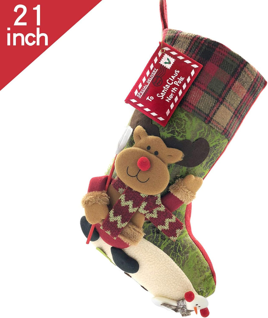 21 inch Plaid Christmas Stockings Deer, Bear, Animal One Piece, Felt Large Plush 3D Reindeer Snowman Design Hanging