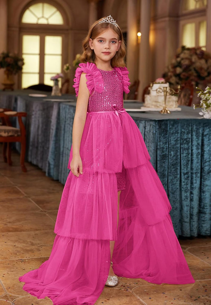Girls Sequin Formal Pageant Fancy Party Ruffle Prom Maxi Dress
