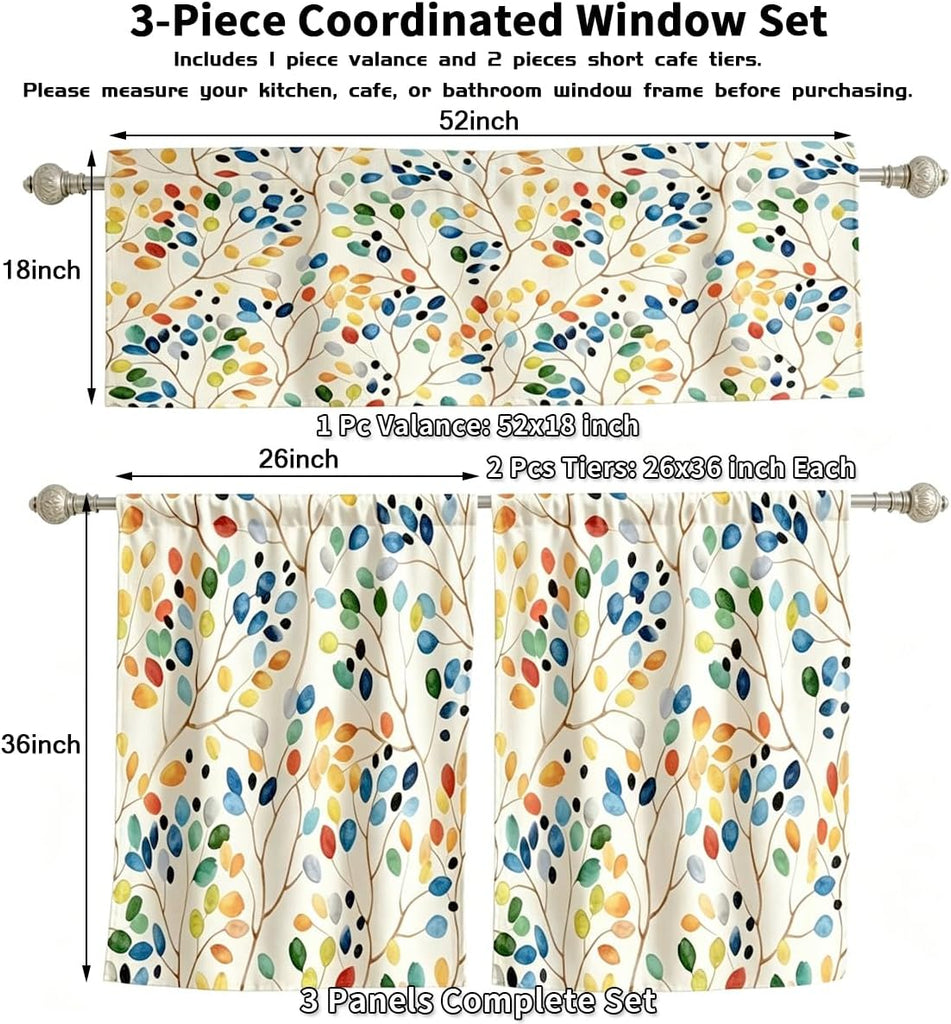 Colorful Kitchen Curtains Valance and Tiers Set Over Sink, 52x18 inch + 26x36 inch x 2, Cute Watercolor Floral Boho
