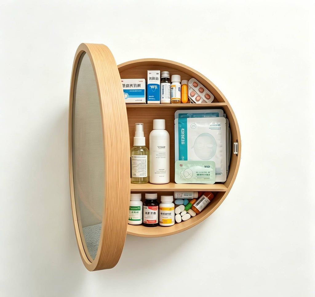 Cher-Beauty Round Solid Wood Medicine Cabinet, Wall Mounted Bathroom Mirror Cabinet with 3-Tier Storage, 19.7" x