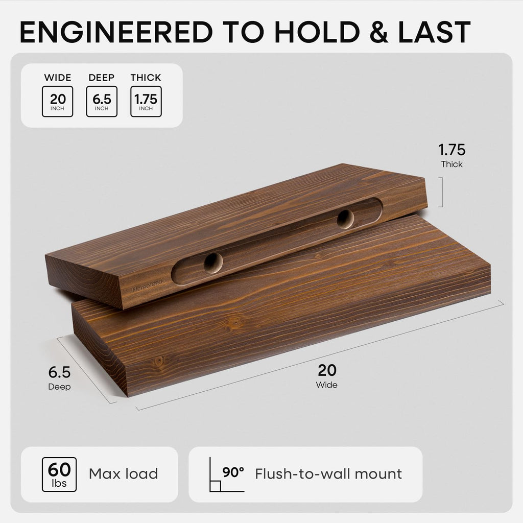 20 Inch Floating Shelves, High-End Solid Pine Wood, Set of 2