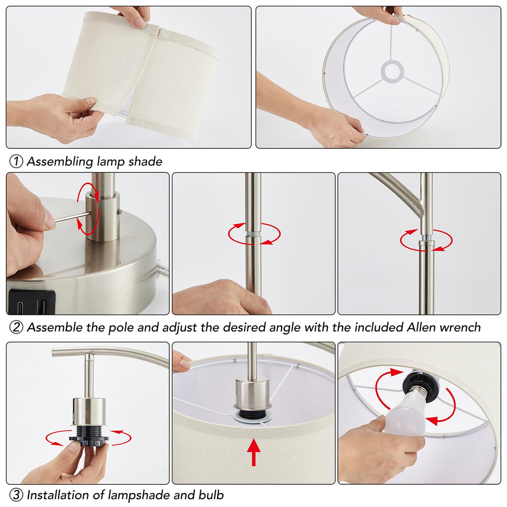 Table Lamp Set of 2, 23.5" Bedside Lamps with USB C+A Ports, Silver