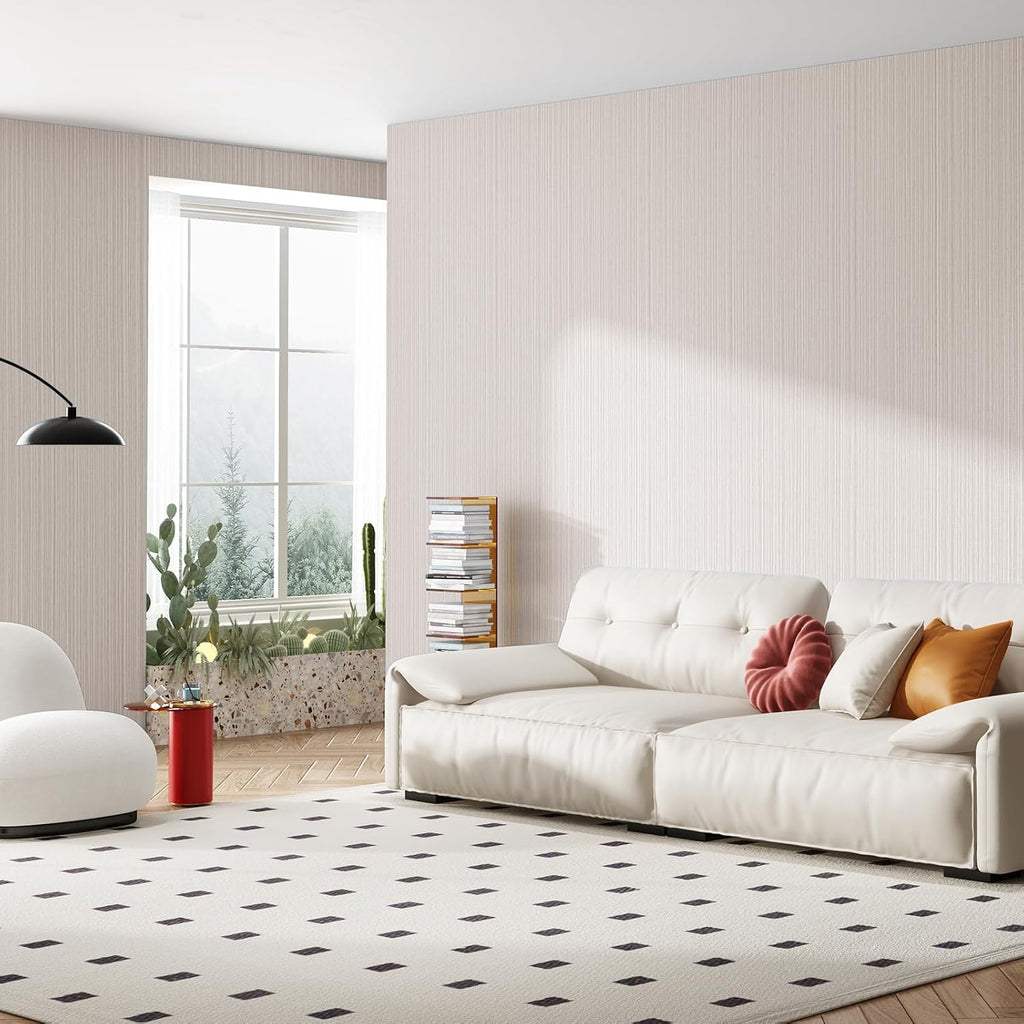 Beige Faux Grasscloth Wallpaper Peel and Stick Linen Textured 24"x394" Upgraded Thick Self-Adhesive Waterproof