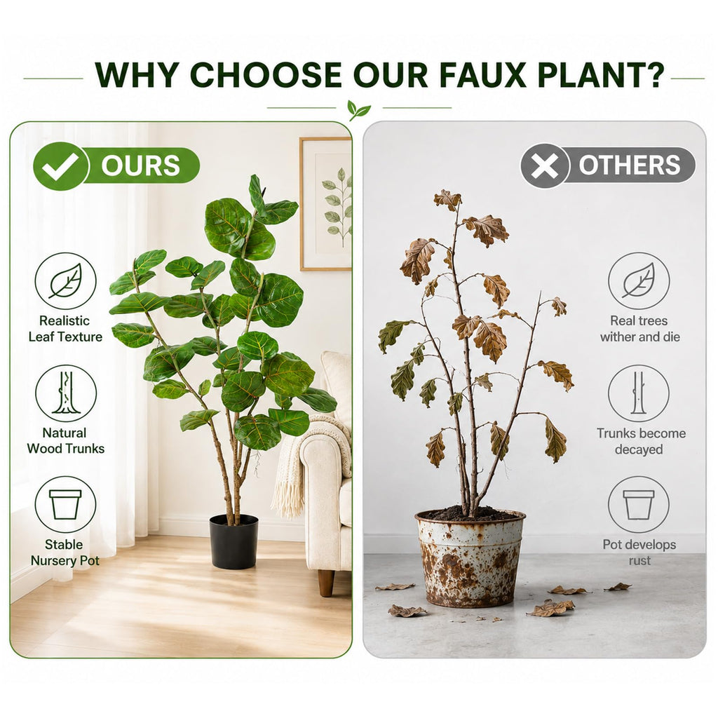 Faux Fiddle Leaf Fig Tree, 4 Ft Artificial Ficus Audrey Plant with Realist Aerial Roots, Fake Plants Indoor with Pot