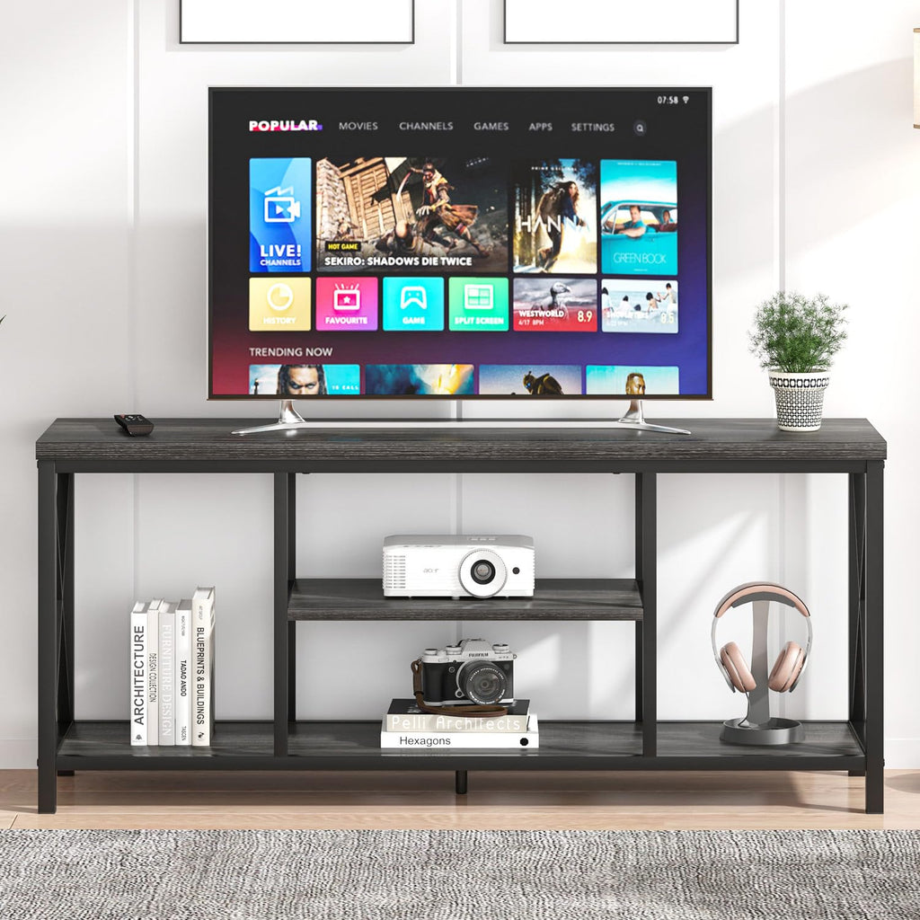Modern TV Stand for TV up to 65 Inch, Rustic Wood Entertainment Center with Storage Shelves, Industrial Media TV