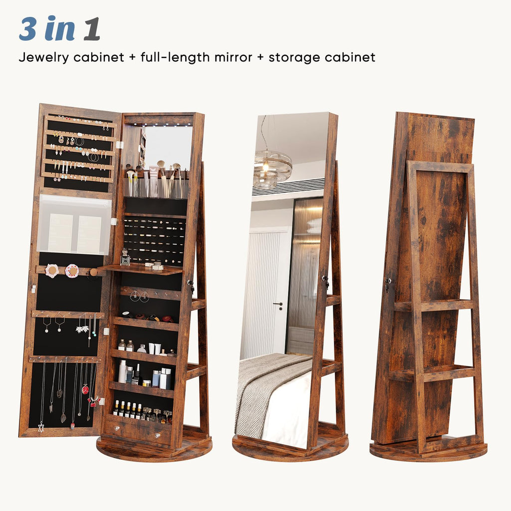 360° Swivel Jewelry Cabinet with Light, Lockable Full Length Mirror